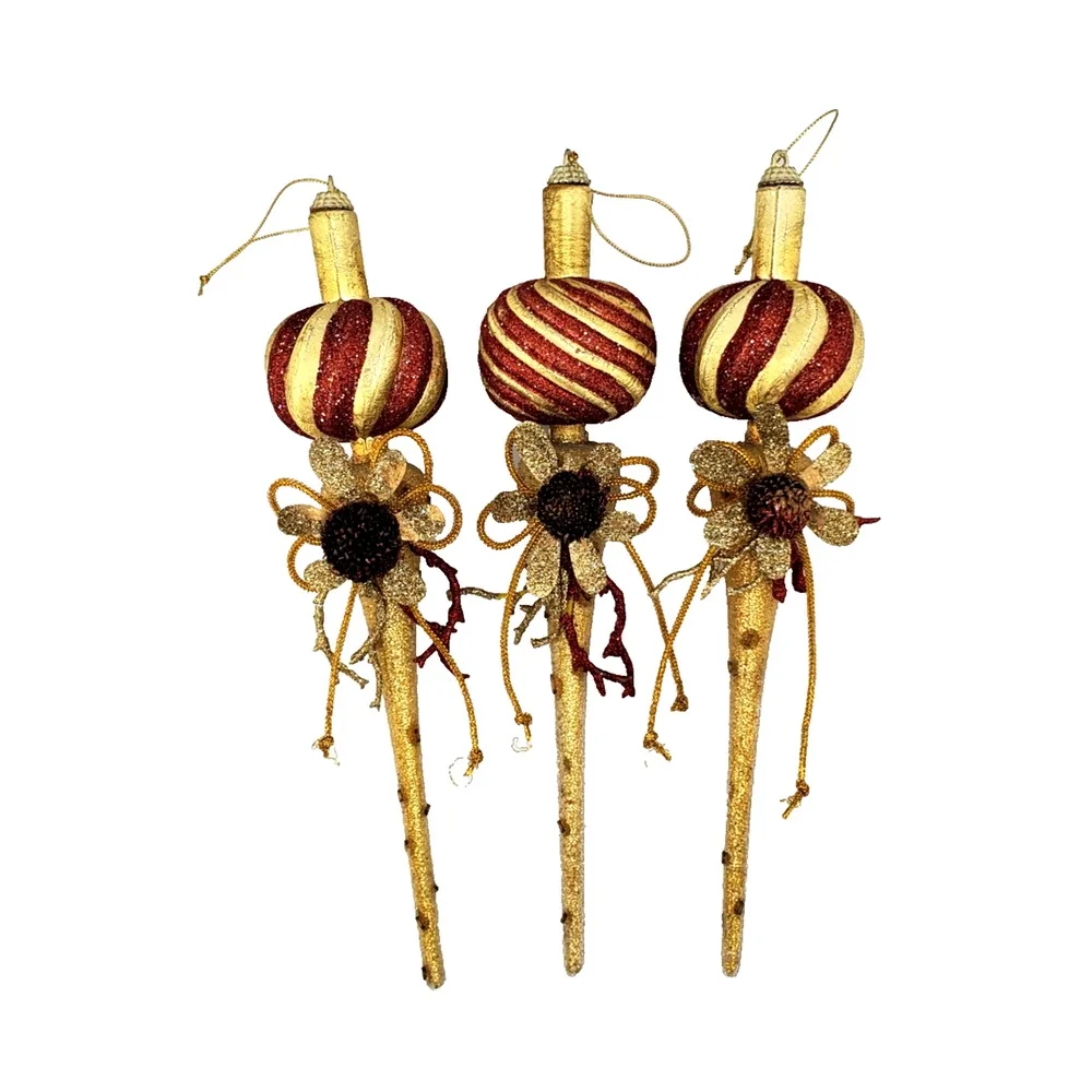 Vintage Hand Crafted Embellished Floral Christmas Ornaments X3 MCM Gold-Tone 70s